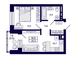 Продается 1-комнатная квартира ЖК Сподвижники, 36.5 м², 5900000 рублей