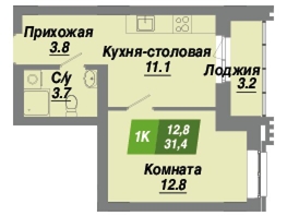 Продается 1-комнатная квартира ЖК Калининский квартал, дом 2, 31.4  м², 5526400 рублей