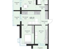Продается 2-комнатная квартира ЖК Ежевика, 69.9 м², 9349350 рублей