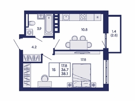 Продается 1-комнатная квартира ЖК Горизонт, дом 2, 38.1  м&sup2;, 5800000 рублей