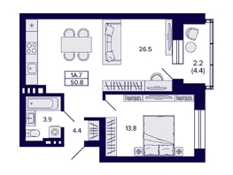Продается 1-комнатная квартира ЖК Сподвижники, 50.8  м², 6200000 рублей
