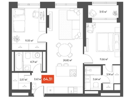 Продается 2-комнатная квартира ЖК ЩА, 65.53  м², 11390000 рублей