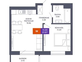 Продается 1-комнатная квартира ЖК Звезда, дом 2, 37.07  м², 7339860 рублей
