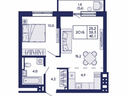 Продается 2-комнатная квартира ЖК Горизонт, дом 2, 40.1  м&sup2;, 7150000 рублей