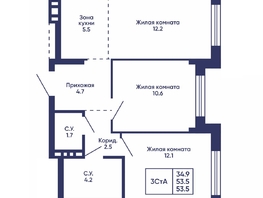 Продается 3-комнатная квартира ЖК Сподвижники, дом 3, 53.5  м&sup2;, 6900000 рублей