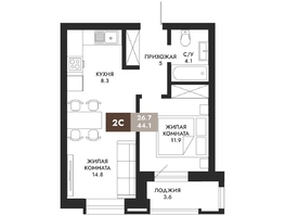 Продается 2-комнатная квартира ЖК Паскаль, секция 3, 44.1  м&sup2;, 9393300 рублей