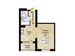 Продается 1-комнатная квартира ЖК Новый горизонт, дом 4, 34  м&sup2;, 4700000 рублей