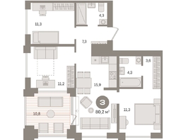 Продается 3-комнатная квартира ЖК Пшеница, дом 2.2, 80.17  м&sup2;, 12710000 рублей