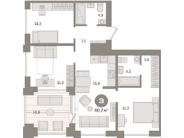 Продается 3-комнатная квартира ЖК Пшеница, дом 2.2, 80.17  м&sup2;, 12230000 рублей