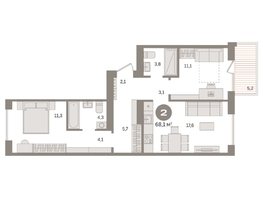 Продается 2-комнатная квартира ЖК Пшеница, дом 2.2, 68.09  м&sup2;, 10470000 рублей
