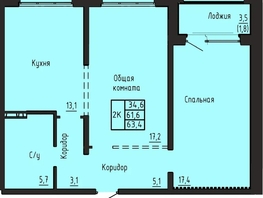 Продается 2-комнатная квартира ЖК Акварельный 4.0, 63.4  м&sup2;, 7100000 рублей