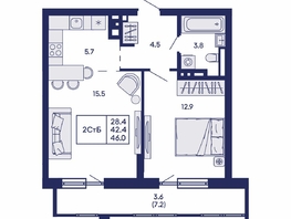 Продается 2-комнатная квартира ЖК Горизонт, дом 2, 46  м&sup2;, 6650000 рублей