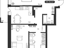 Продается 3-комнатная квартира ЖК Черемушки на Приморской, 76.4  м&sup2;, 9080000 рублей