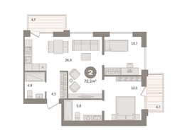 Продается 2-комнатная квартира ЖК Пшеница, дом 2.2, 73.29  м&sup2;, 10870000 рублей