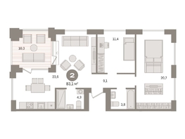Продается 2-комнатная квартира ЖК Пшеница, дом 2.2, 83.11  м&sup2;, 12100000 рублей