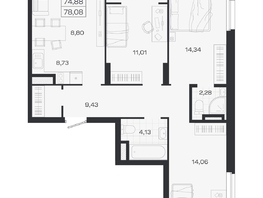 Продается 4-комнатная квартира ЖК Ясный берег, дом 19, бс 2-5, 78.08  м&sup2;, 13109000 рублей