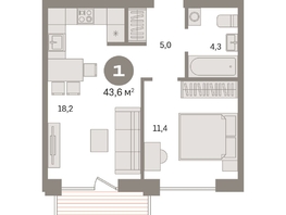 Продается 1-комнатная квартира ЖК Пшеница, дом 2.2, 43.61  м&sup2;, 6330000 рублей