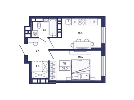 Продается 1-комнатная квартира ЖК Сподвижники, дом 3, 35.3  м&sup2;, 6000000 рублей