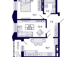 Продается 2-комнатная квартира ЖК Грандо, 55.8  м&sup2;, 11800000 рублей
