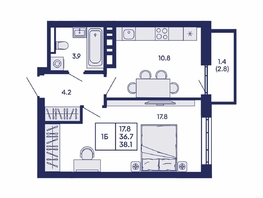 Продается 1-комнатная квартира ЖК Горизонт, дом 2, 38.1  м&sup2;, 6500000 рублей