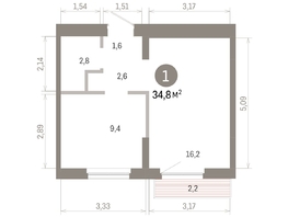 Продается 1-комнатная квартира ЖК Пшеница, 6.1, 34.76  м&sup2;, 6070000 рублей