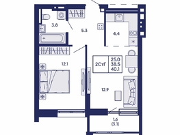 Продается 2-комнатная квартира ЖК Горизонт, дом 2, 40.1  м&sup2;, 8000000 рублей