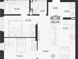 Продается 3-комнатная квартира ЖК Квартал 54, дом 1, 60.74  м&sup2;, 10444000 рублей