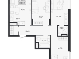 Продается 4-комнатная квартира ЖК Ясный берег, дом 19, бс 2-5, 78.02  м&sup2;, 13635000 рублей