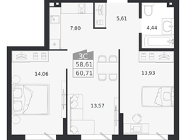 Продается 3-комнатная квартира ЖК Ясный берег, дом 20, 60.71  м&sup2;, 10341000 рублей
