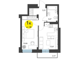 1-комнатная квартира, 38.51 м², 7/19 этаж