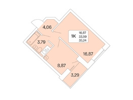 1-комнатная квартира, 35.24 м², 14/22 этаж