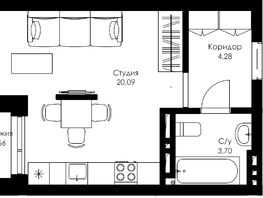 Студия, 28.07 м², 13/24 этаж