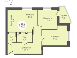 Продается 3-комнатная квартира ЖК На Петухова, дом 1, 72.7  м², 6864000 рублей