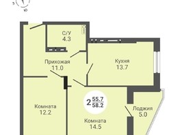 Продается 2-комнатная квартира ЖК На Петухова, дом 1, 58.2  м², 5821000 рублей