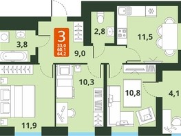 Продается 3-комнатная квартира ЖК Тайгинский парк, дом 4, 60.1  м², 7890000 рублей