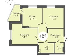 Продается 2-комнатная квартира ЖК На Петухова, дом 2, 59.2  м², 5684000 рублей