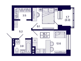 Продается 1-комнатная квартира ЖК Сподвижники, 35.9  м², 4350000 рублей