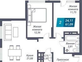 Продается 2-комнатная квартира ЖК Звезда, 61.09  м², 9224590 рублей