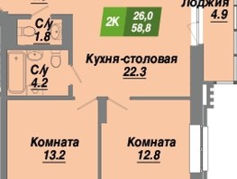 Продается 2-комнатная квартира ЖК Калининский квартал, дом 4, 58.8  м², 9643200 рублей