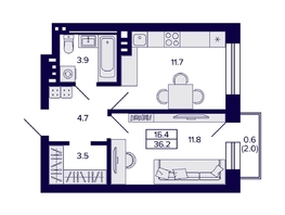 Продается 1-комнатная квартира ЖК Сподвижники, 36.2  м², 4400000 рублей