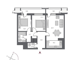 Продается 3-комнатная квартира ЖК Беринг, дом 1, 73.7  м², 13100000 рублей