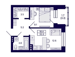 Продается 1-комнатная квартира ЖК Сподвижники, 35.9  м², 4500000 рублей