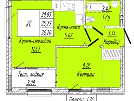 Продается 1-комнатная квартира ЖК На 2-й Дачной, 36.2 м², 7421000 рублей