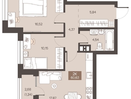 Продается 2-комнатная квартира ЖК Заря, дом 1.3, 60.63  м&sup2;, 8430200 рублей