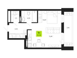 Продается 1-комнатная квартира ЖК Поэзия, 45.38  м², 6807000 рублей