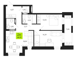 Продается 2-комнатная квартира ЖК Поэзия, 68.19  м², 9990000 рублей