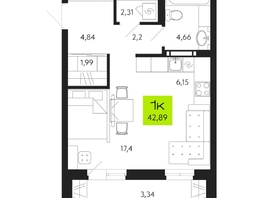 Продается 1-комнатная квартира ЖК Поэзия, 42.89  м², 6690840 рублей